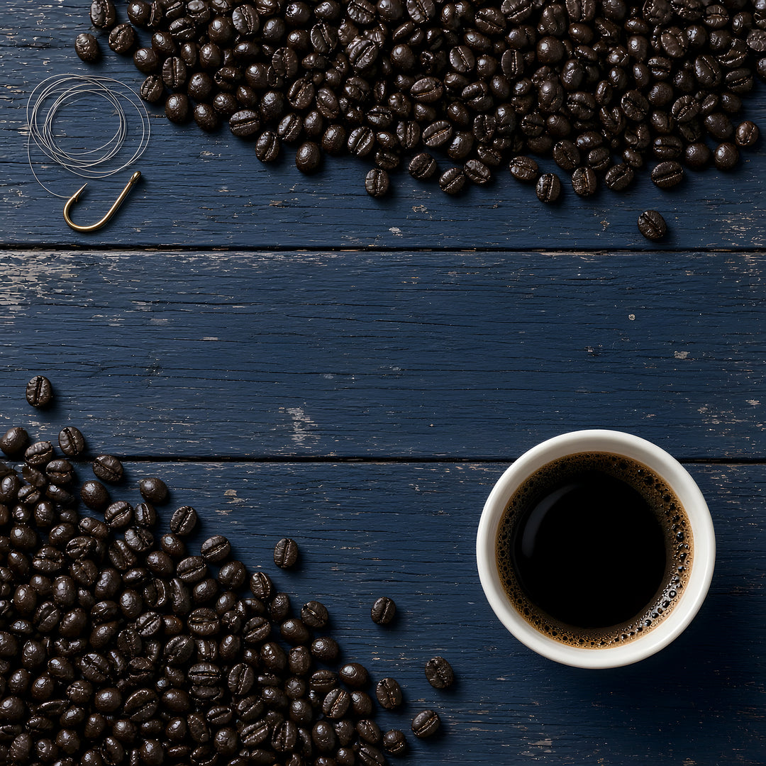 Dark roast coffee beans and a cup of black coffee on navy dock planks with a fishing hook