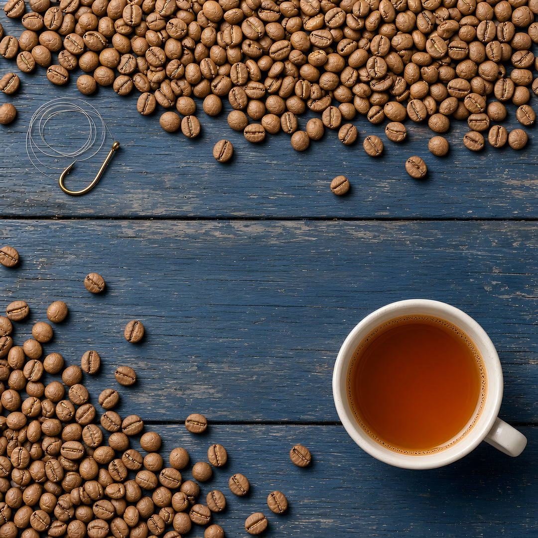 Light roast coffee beans and a cup of light roast coffee on navy dock planks with a fishing hook