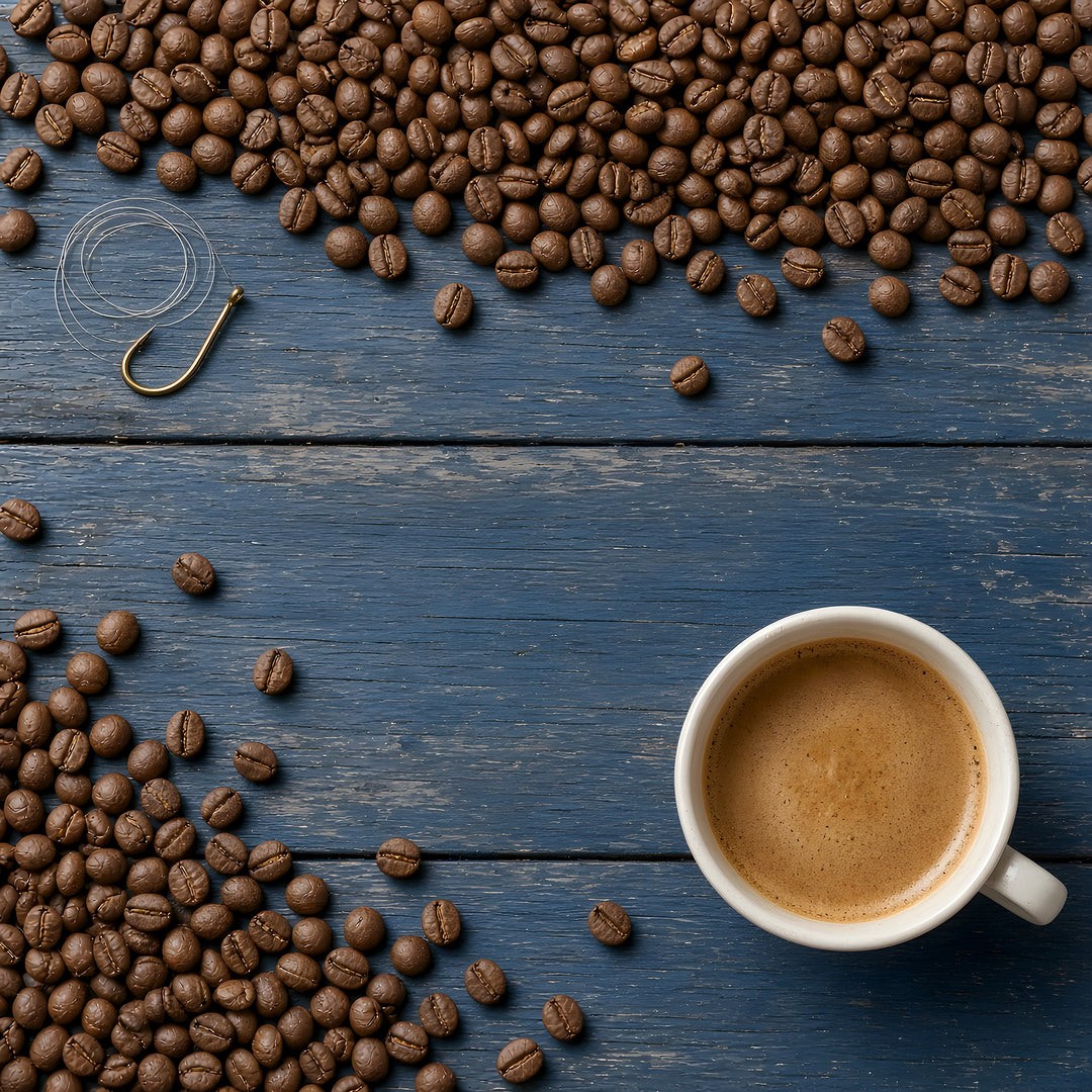 Medium roast coffee beans and a cup of medium roast coffee on navy dock planks with a fishing hook