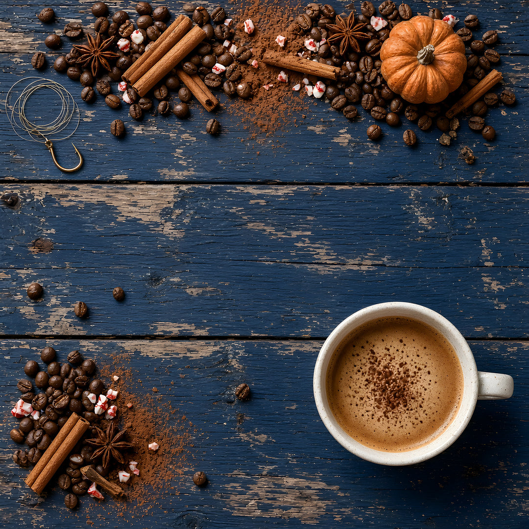 Specialty coffee beans with cinnamon, star anise, peppermint, cocoa and a mini pumpkin beside a cocoa-dusted latte on navy dock planks