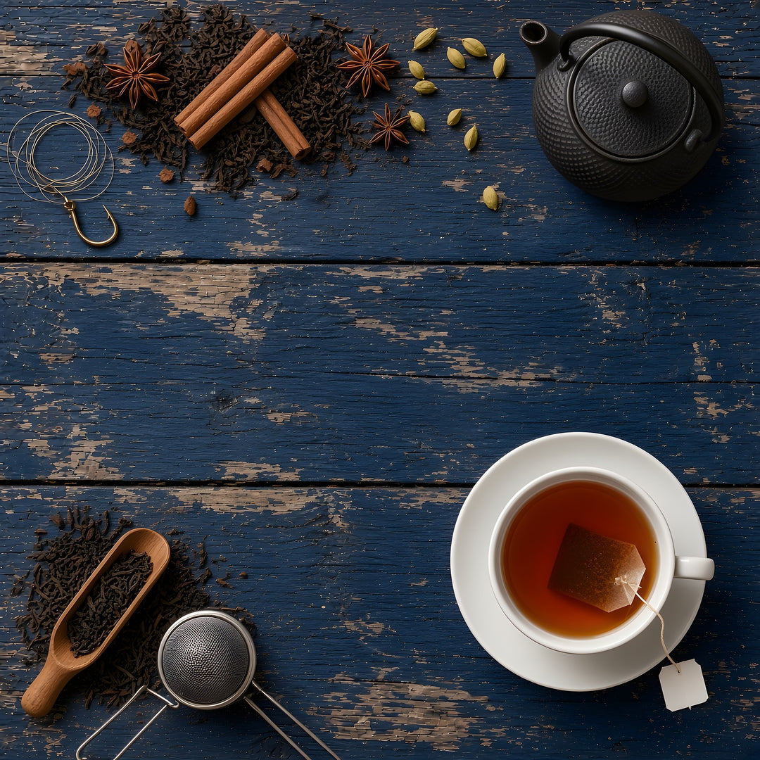Cup of black tea with a tea bag on a saucer beside a cast-iron teapot, loose tea, a strainer and chai spices on navy dock planks