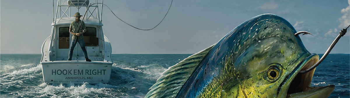 The Dorado Spiced Chai Tea - angler on the Hook'Em Right boat fighting a leaping mahi-mahi