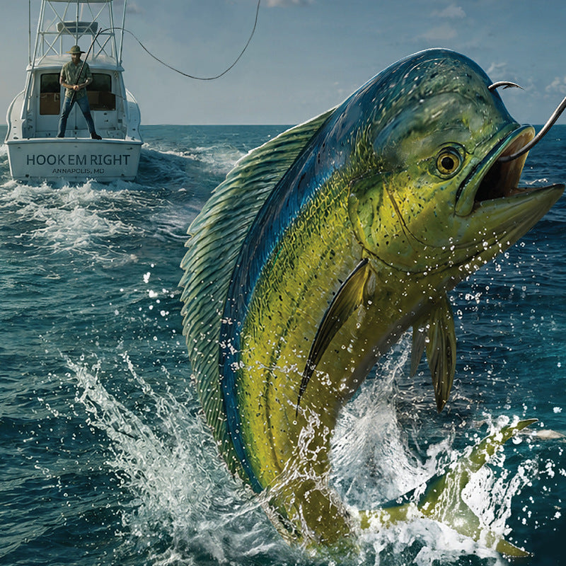 The Dorado Spiced Chai Tea - angler on the Hook'Em Right boat fighting a leaping mahi-mahi