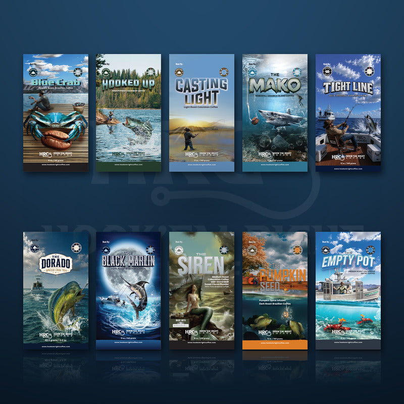 Hook'Em Right Coffee & Tea lineup: Blue Crab, Hooked Up, Casting Light, The Mako, Tight Line, The Dorado, The Black Marlin, The Siren, The Pumpkin Seed, The Empty Pot
