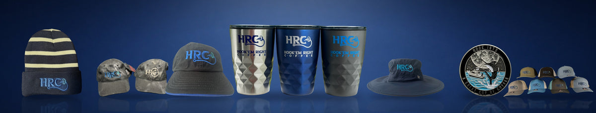 Hook'Em Right Coffee merchandise lineup: beanie, hats, tumblers and challenge coin on navy