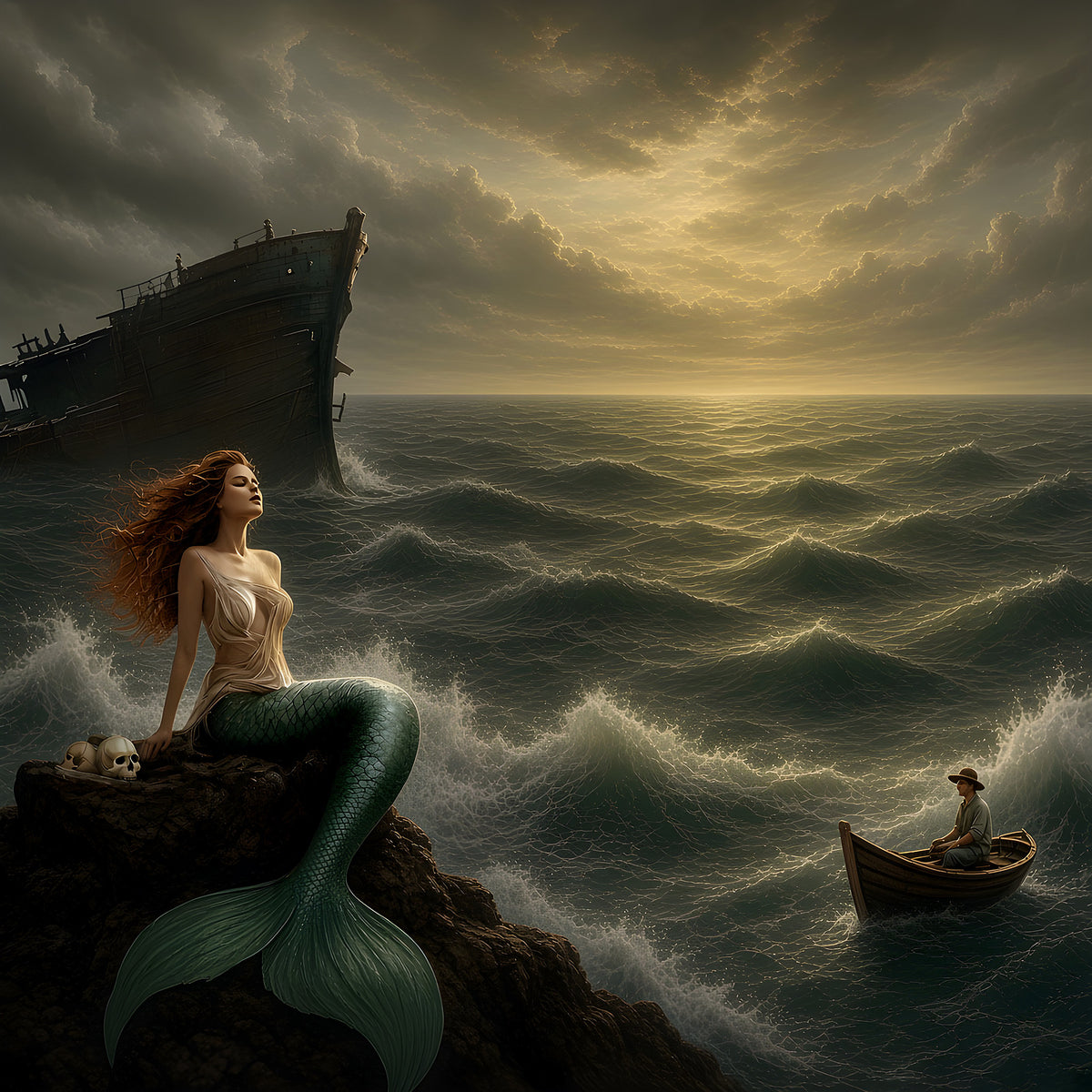 The Siren - mermaid on a rock beside a shipwreck on a stormy sea