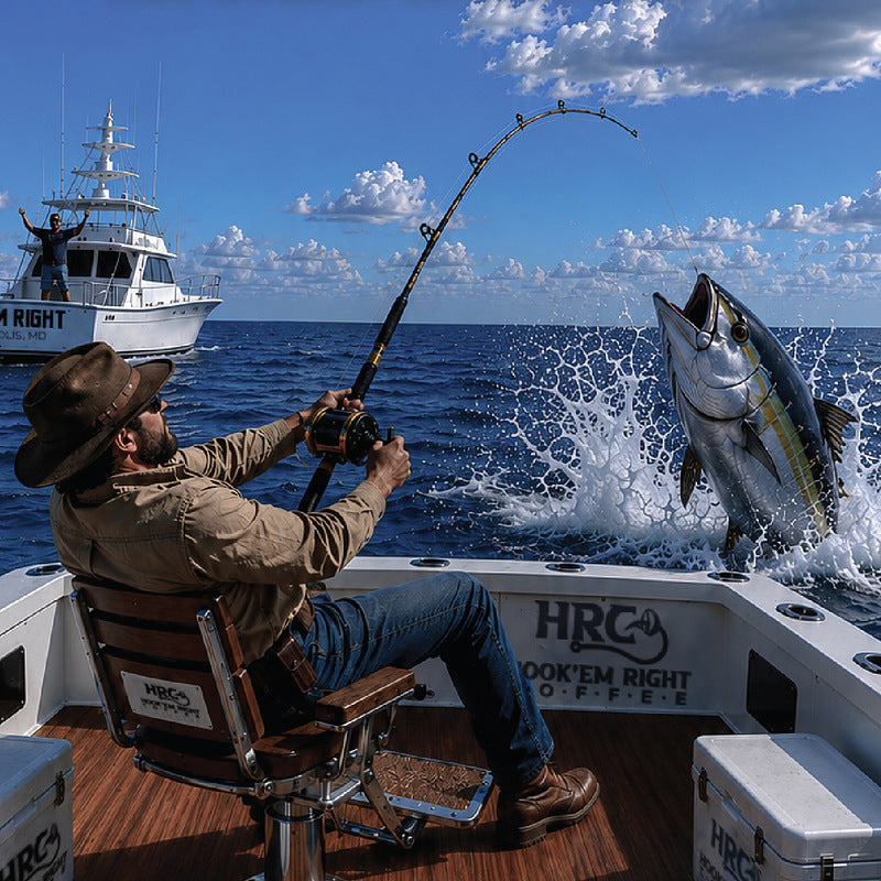 Tight Line Espresso Blend - angler fighting a leaping tuna offshore